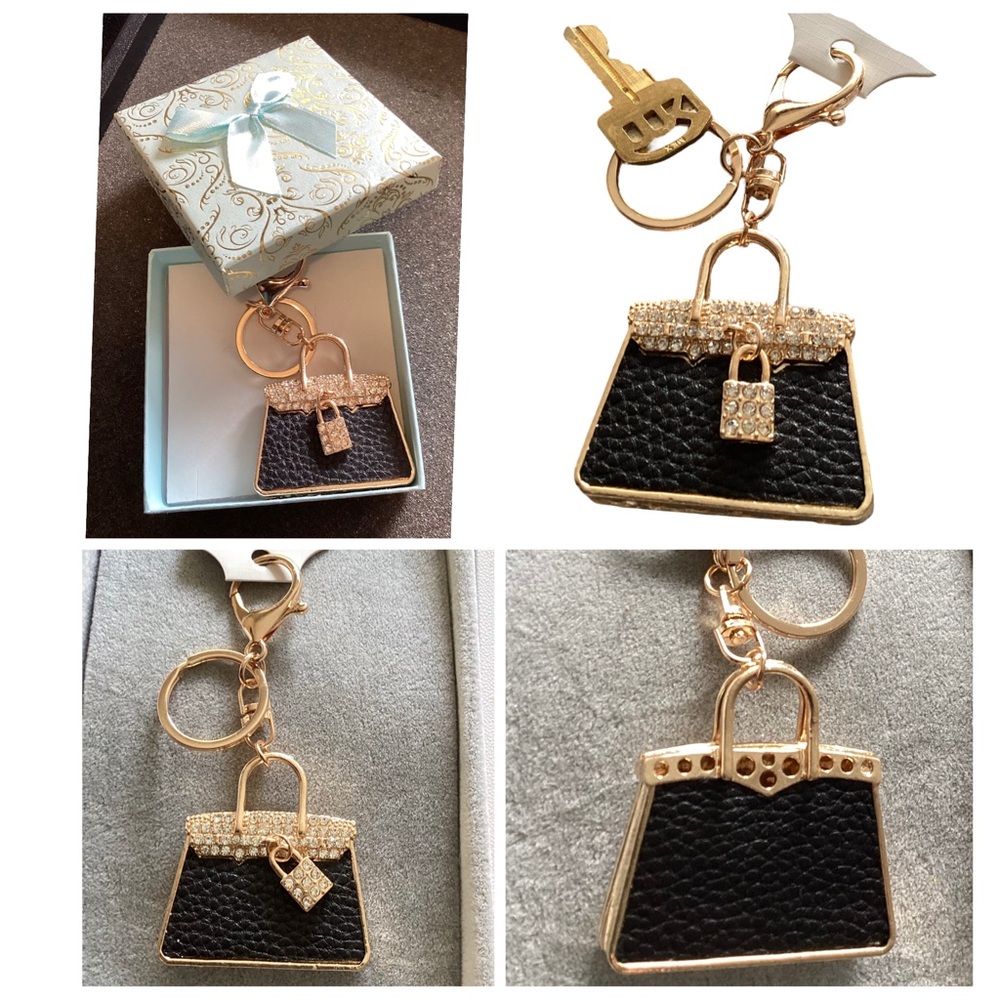 🚨 NWT Elegant Lg Black & Gold Crystal Purse Handbag w/Lock Keychain or Bag Charm